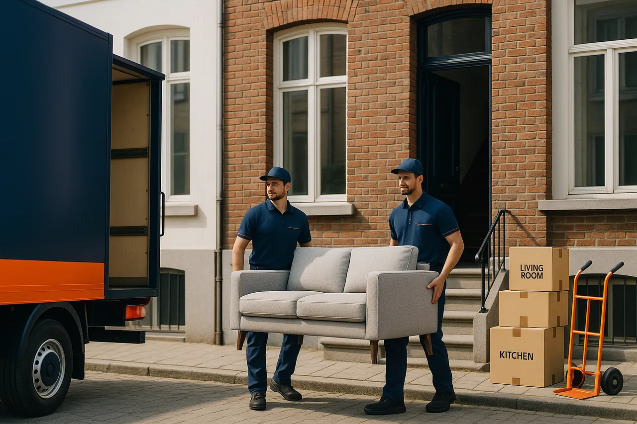 Déménageurs professionnels chargeant un canapé et des cartons devant un appartement à Bruxelles