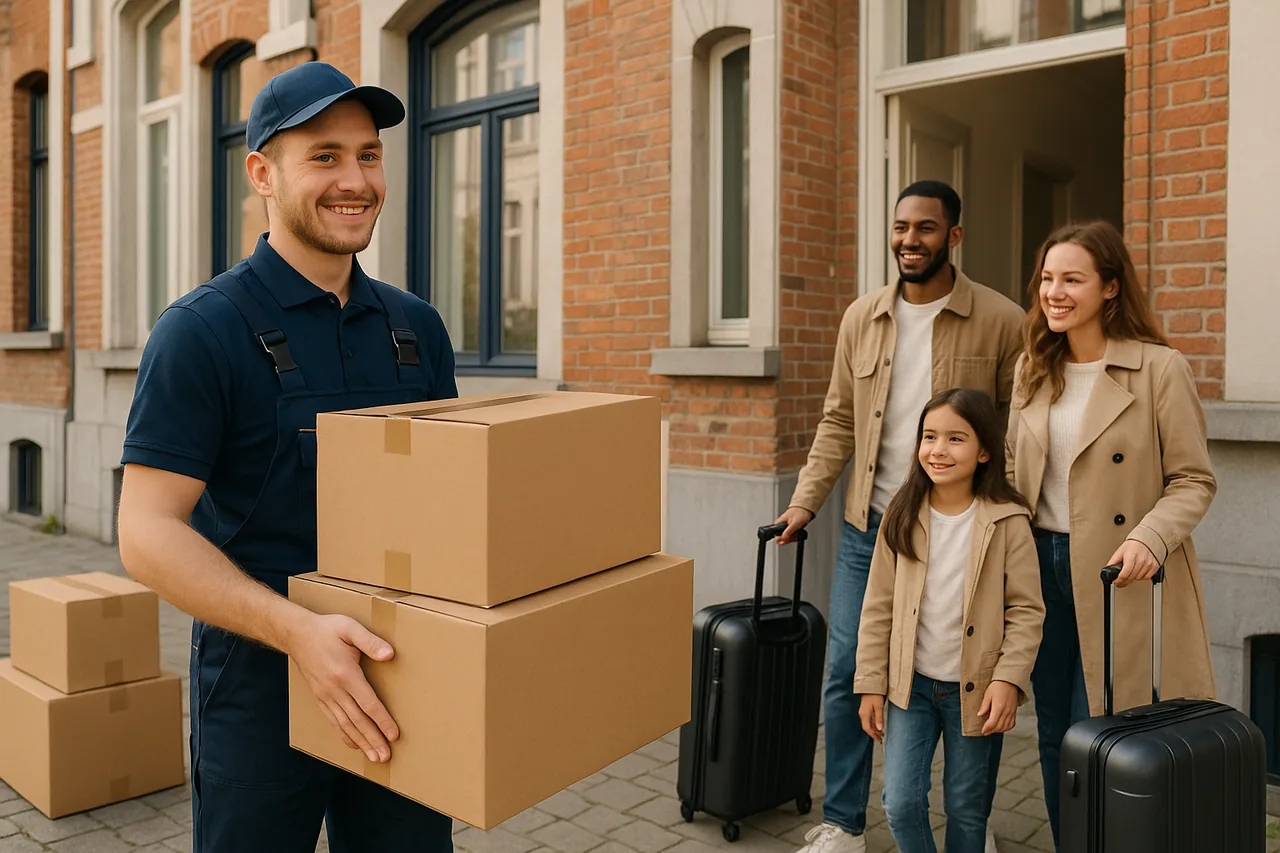 Déménagement expat à Bruxelles : déménageur accueillant une famille internationale