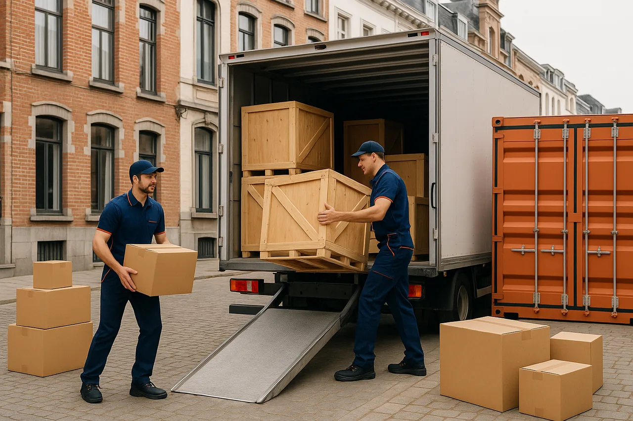 Déménagement international depuis Bruxelles : chargement de caisses et conteneur