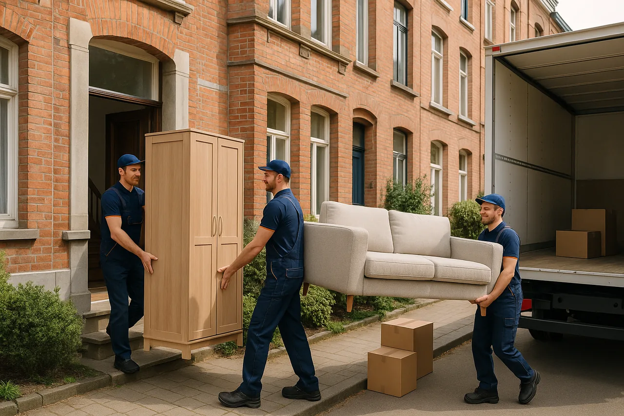 Déménagement de maison à Bruxelles : déménageurs transportant des meubles vers le camion