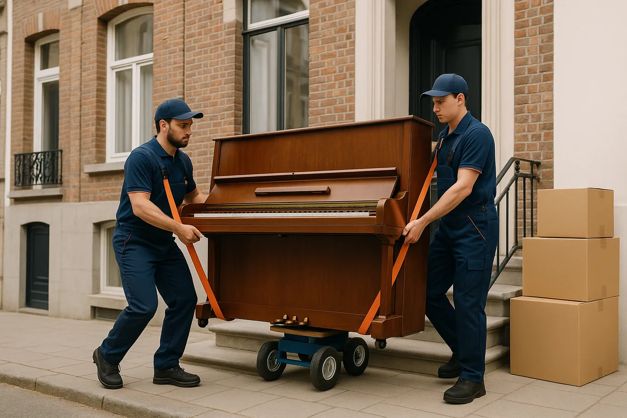 Transport de piano à Bruxelles : déménageurs spécialisés avec sangles et chariot piano